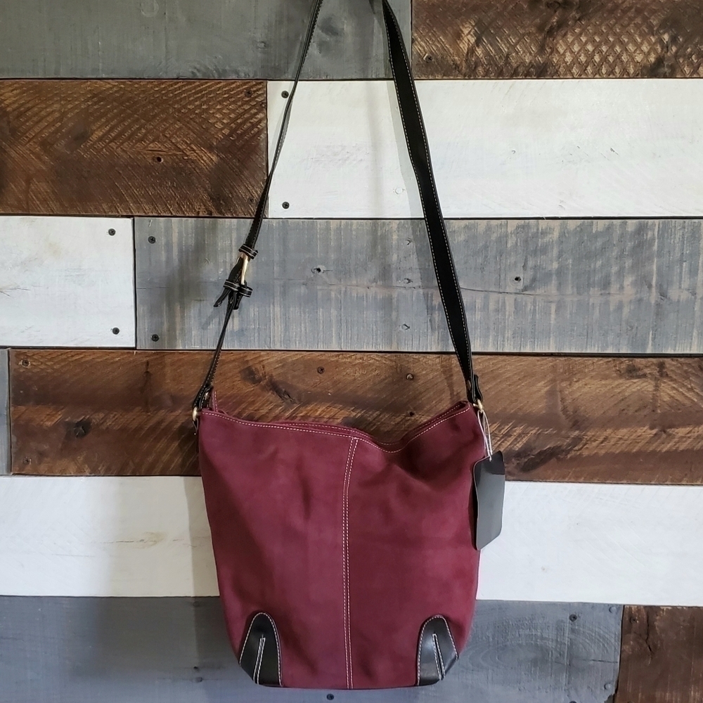 Large Maroon Burgundy Black Faux Leather Suede Tote Shoulder Purse Bag - Picture 2 of 13
